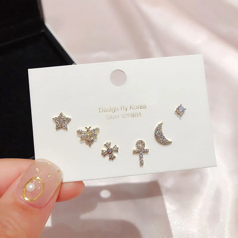 Модные серьги гвоздики с фианитом 6 шт. набор милые изображением Звезды Луны