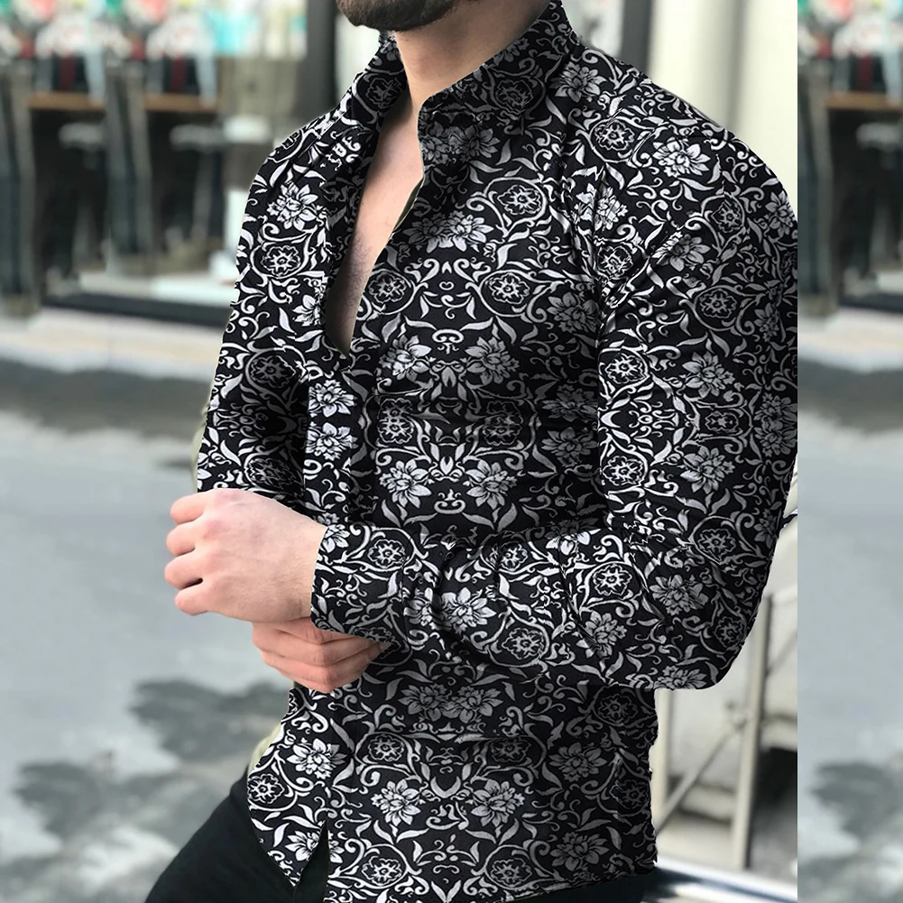 Camisa estampada ajustada de manga larga moda otouno para hombres 2019 camisa Повседневная M 5XL|Повседневные рубашки|