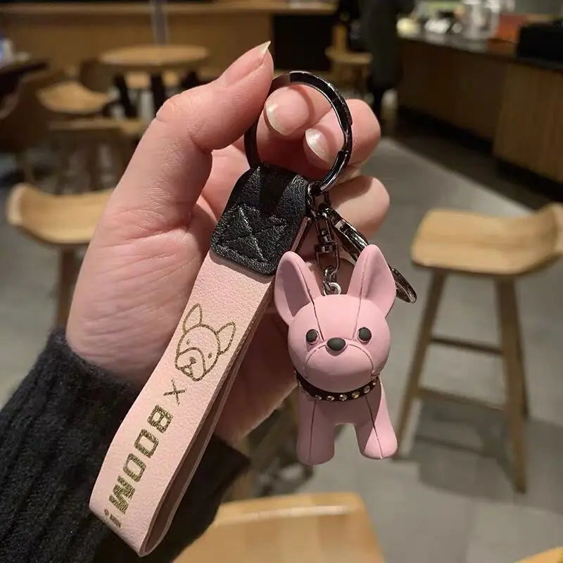 

Fashion Punk French Bulldog Keychain PU Leather Dog Keychains for Women Bag Pendant Jewelry Trinket Men Car Key Ring Key Chain
