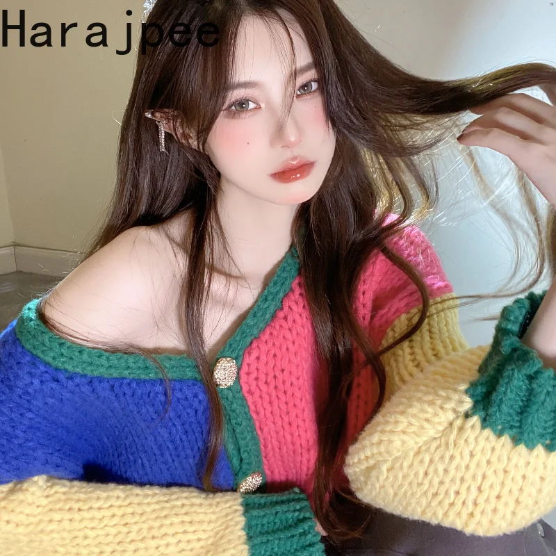 

Женский однобортный Кардиган Harajpee, плотный облегающий свитер контрастной расцветки с V-образным вырезом в Корейском стиле, Осень-зима 2021