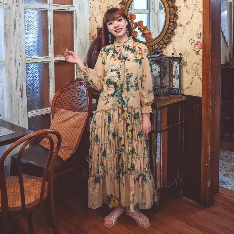 

Fall/Summer High Quality Puff Sleeve Retro Robe Femme Fashion Floral Print Cardigan Casual Max Dress Arabic Islamic Clothing