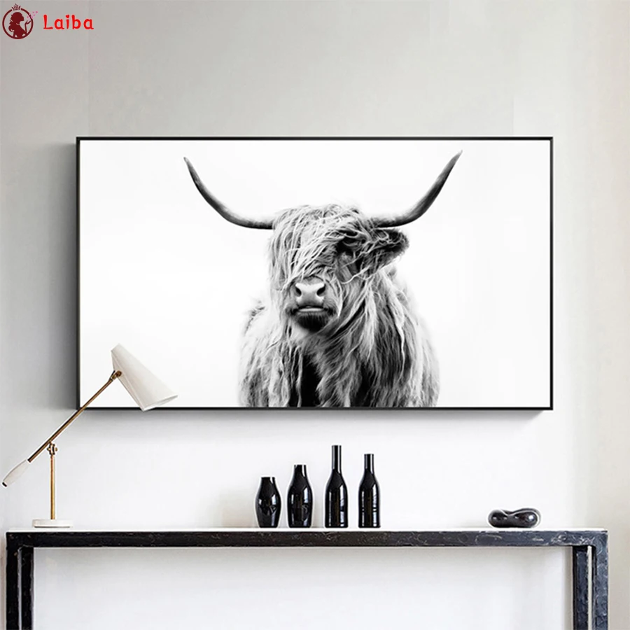 

DIY diamond embroidery Modern animal art, black and white highland cattle pattern cross stitch kits 5d diamond painting