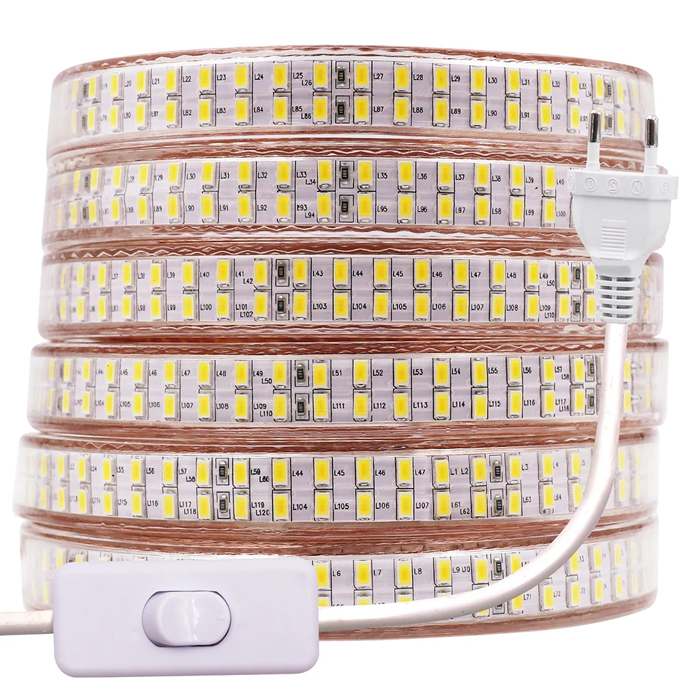 

Super bright 5730 LED Strip Light Waterproof 220V 2835 5050 Flexible Led Tape Ribbon 120/240 LED Flex Rope Stripe With Switch