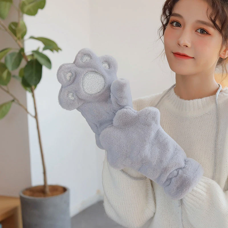 

Solid Color Girls Warmer Gloves Cute Cat Kitten Paw Claw Winter Warm Gloves Soft Anime Cosplay Plush for Halloween Accessories