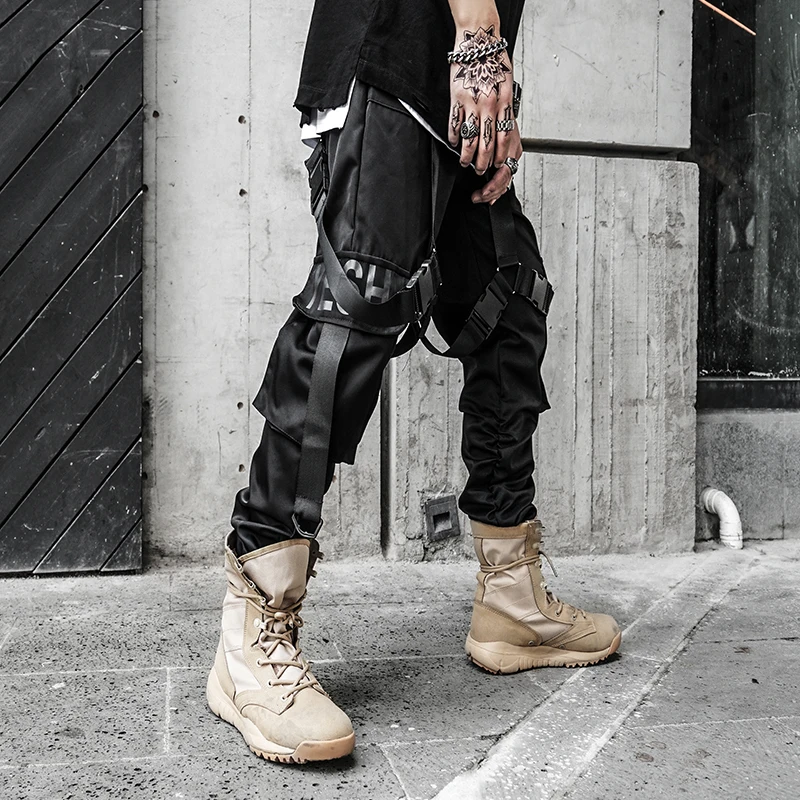 Для мужчин ленты Цвет блок черный скейтборд карманные грузовые штаны 2019 шаровары