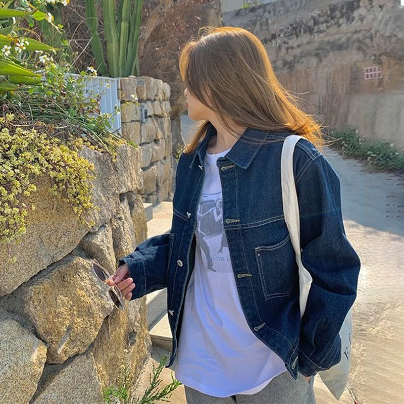 

Fashion Blue Cowboy Coat Loose Korean Long Sleeve Denim Jacket Tops Cardigan Spring Autumn Women's Casual Lapel Tooling Chaqueta