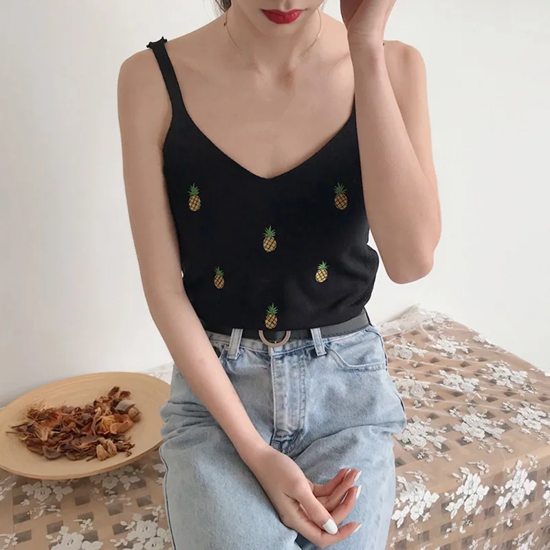 Женский милый тонкий трикотажный топ с вышивкой фруктов топы без рукавов