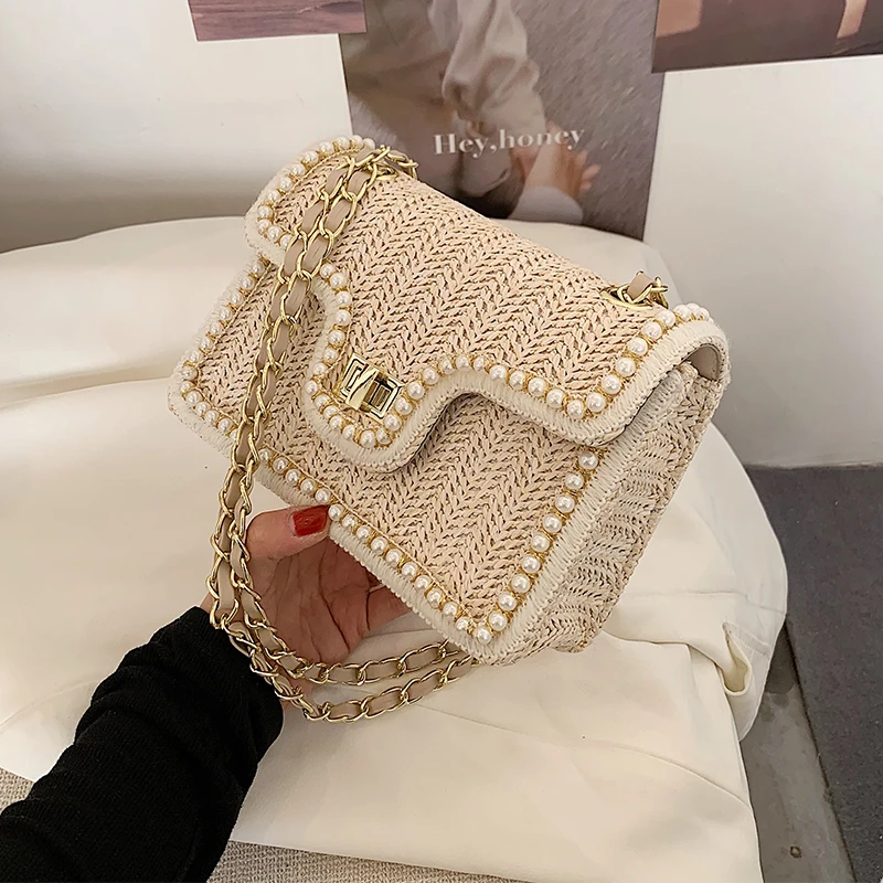 weave square crossbody bag 2022 summer handbag new quality straw pearl womens designer handbag pearl chain shoulder bag handbag free global shipping