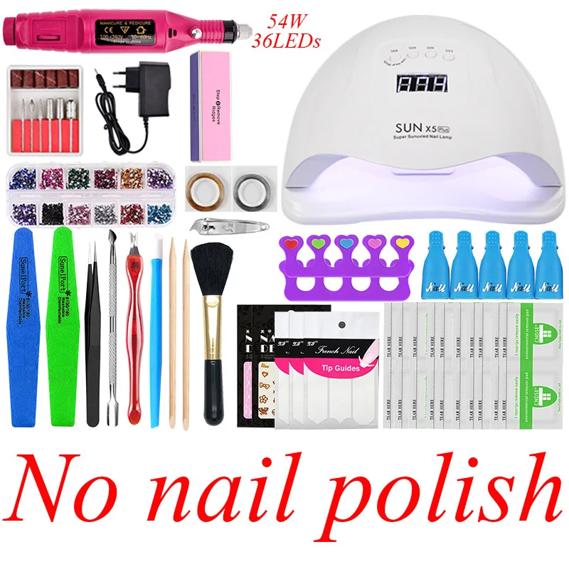 54W No nail polish 12 цветов гель маникюрный набор выберите лак базовое верхнее покрытие набор для ногтей электрическая ручка для маникюра инструмент для дизайна ногтей 24 Вт/48 Вт/54 Вт УФ светодиодная лампа - Цвет: 54W No nail polish