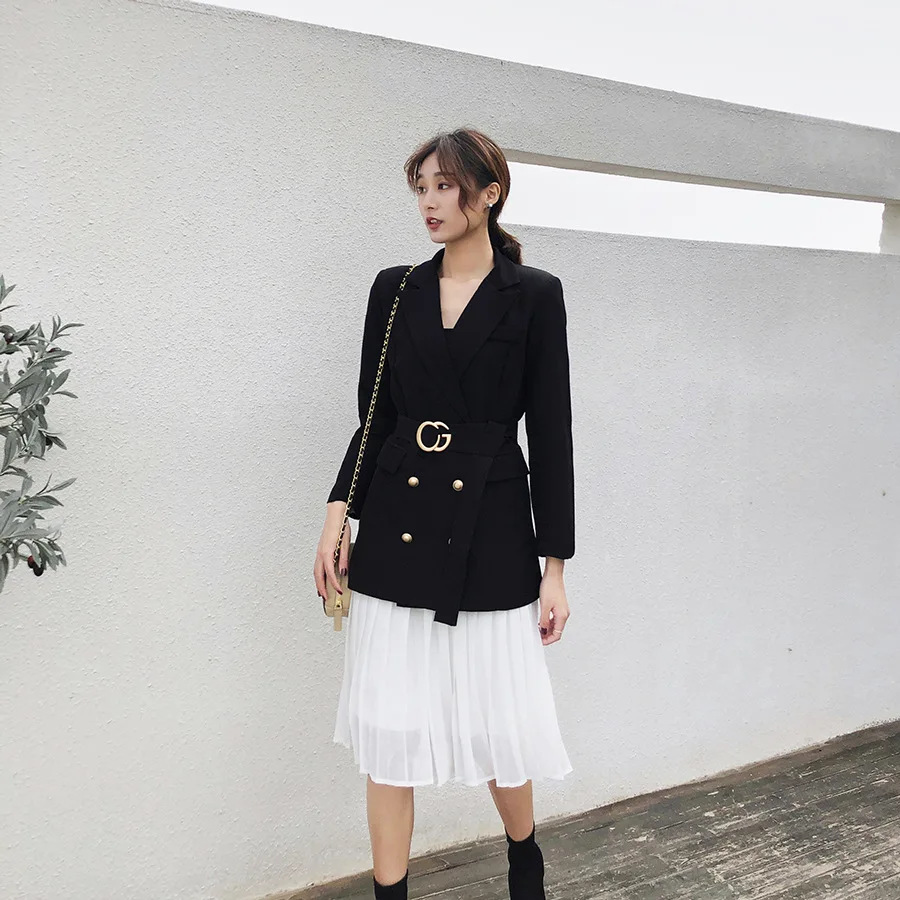

Women Skirt suit jacket Office lady work suit skirt Casual black suit with Pleated skirt Two-piece set blazer skirt set