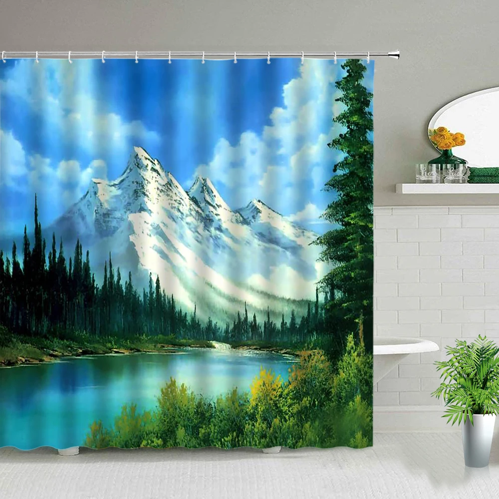 

Rural Natural Scenery Shower Curtain Tree Forest Waterfall Plant Landscape Bathroom Waterproof Fabric Hanging Curtains With Hook