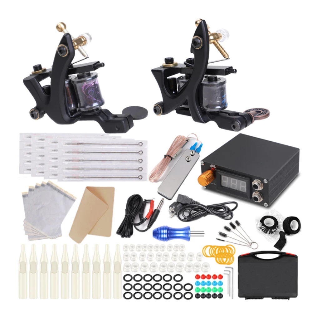 Tattoo Coil Machine Set Tattoo Kits For Liner Shader Trainer Power Supply Needle Grips Tubes Tips