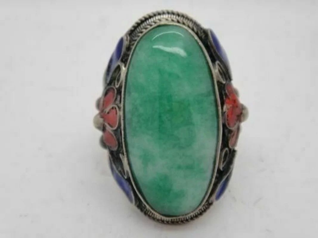 

Collectible Chinese Inlay Green Jade Old Tibet Silver Cloisonne Flower Ring for Women Men Fashion Accessories C2