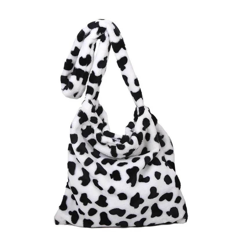

Fashion Korean Cow Pattern Cute Shoulder Bag Women Plush Soft Autumn Winter Fluffy Ladies Purse and Handbag Crossbody Tote Bag