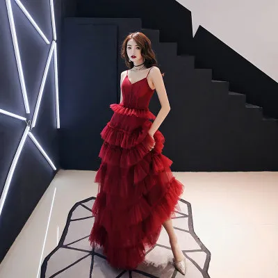 Red Платье для подиума женское высококачественное длинное красное многослойное кружевное сетчатый Слинг платье элегантные женские вечерние платья - Цвет: Red