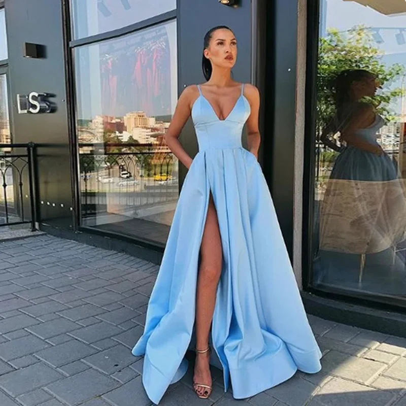 

2021 new deep V-neck long prom dress satin sexy party dress high slit pocket party dresses Vestidos De Festa