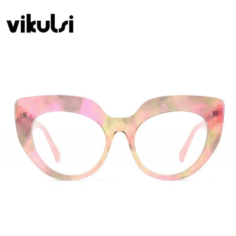 

High Quality Fashion Painted Pink Big Cat Eye Glasses Frame Personalized Retro Female Eyeglasses Luxury Elegant Flat Mirror New