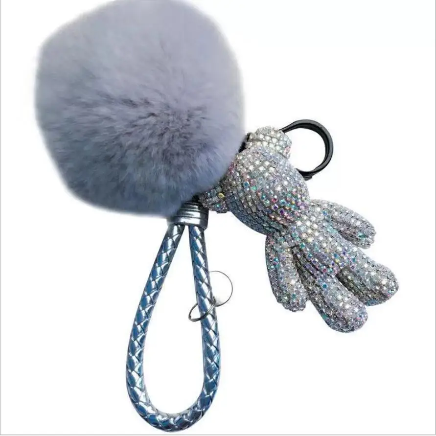 

Luxury BIG Handmade DIY Craft Rhinestone Cartoon Bomgom Bear Keychain Leather Rope Fur Key Chain Gloomy Bag Charm Pendant Gift