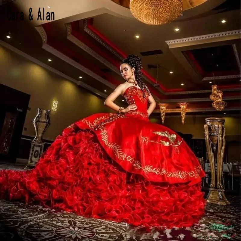 

Роскошное красное платье Quinceanera, бальное платье с вышивкой, маскарадные наряды, 16 платьев, пышная одежда для выпускного вечера