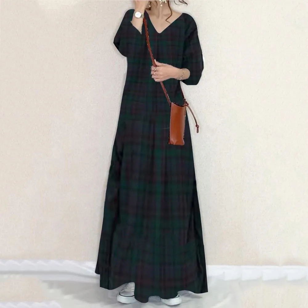 Весеннее свободное повседневное элегантное винтажное зеленое платье в клетку