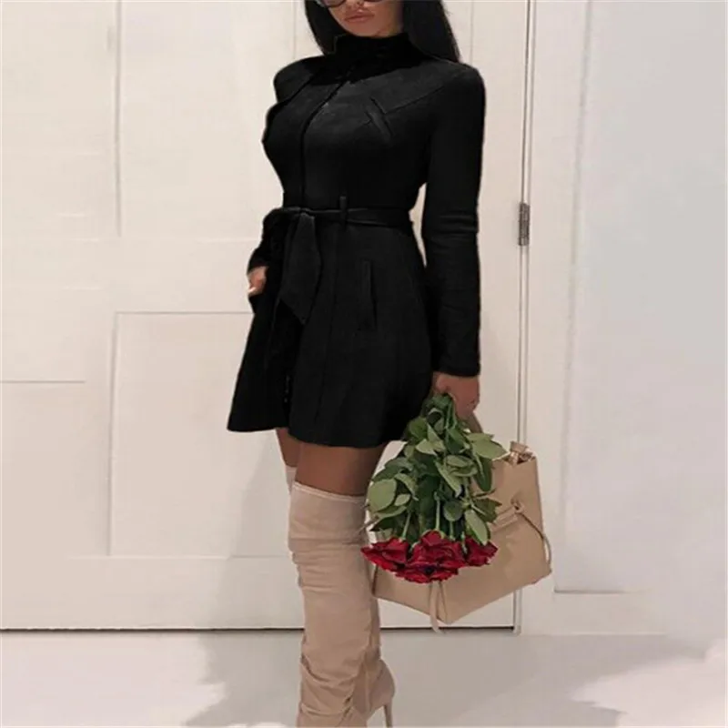 Тренч Женский однотонный бархатное пальто на молнии с завязкой спереди