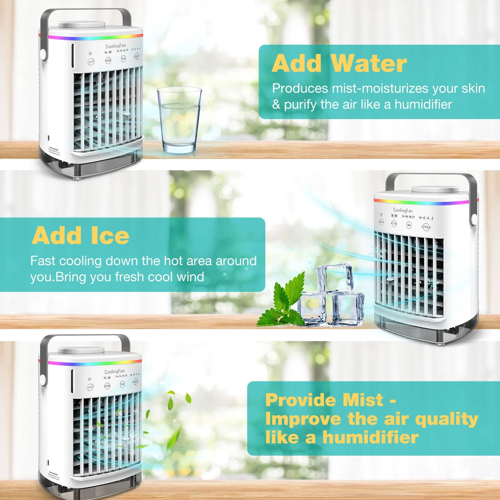 

4 In 1 USB Mini Fan Portable Air Cooler Fan Air Conditioner Light Desktop Air Cooling Fan Humidifier Purifier For Office Bedroom