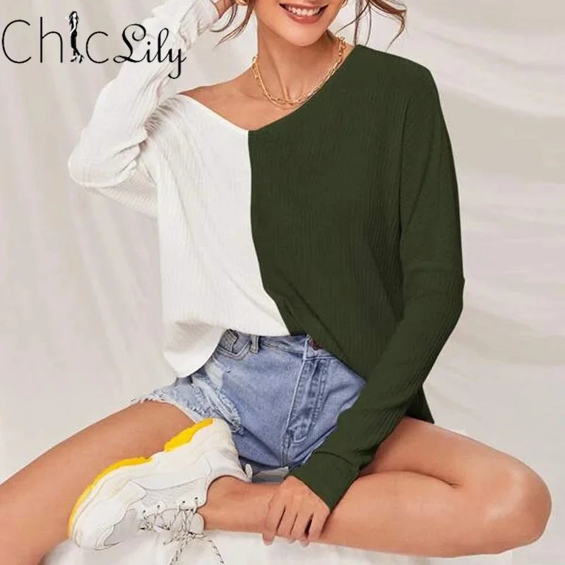 

Chiclily Contrast Color Patchwork V-neck Casual T-shirt Long Sleeve Top Women Clothing Spring Autum