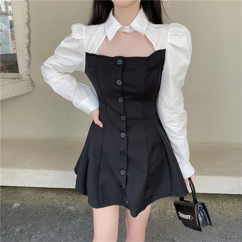 Женское повседневное мини-платье с длинным рукавом Белое и черное платье