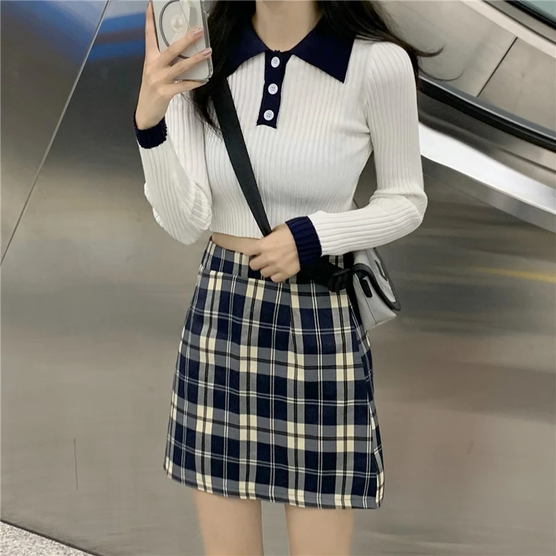 

Fashion Korean Knitted Tops+A-Line Skirt 2 Piece Set Women Autumn Long Sleeve Sweater Blouse High Waist Plaid Skirt Suit Outfits
