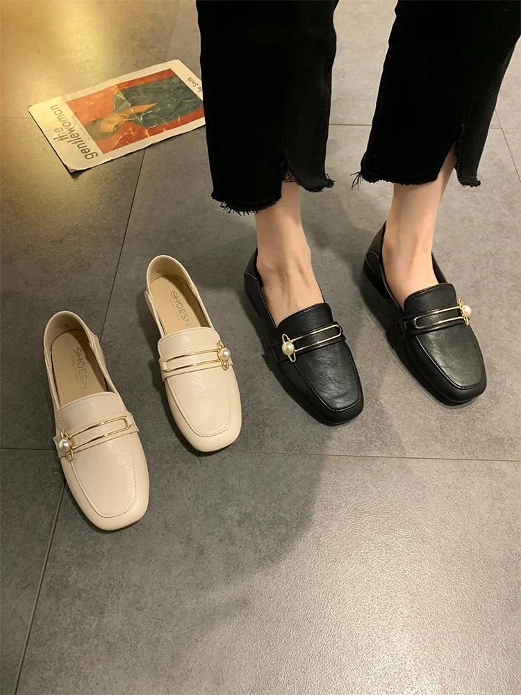 

Square Toe Moccasin Shoes Female Footwear British Style Soft Oxfords Women's Loafers With Fur Casual Sneaker Shallow Mouth All-M