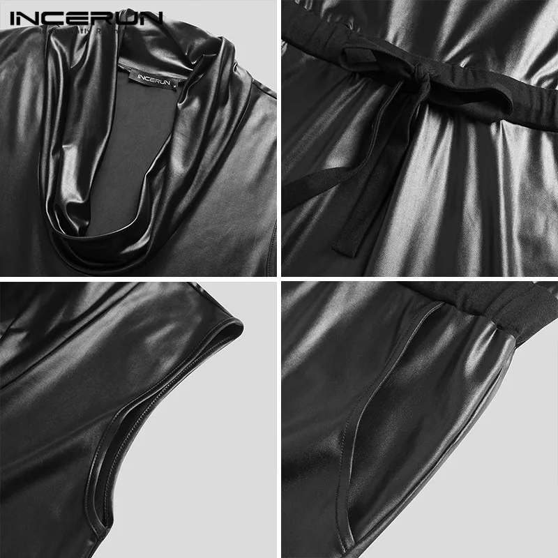 

INCERUN Fashion Solid Fake Leather Jumpsuits Men Sleeveless Turtleneck Rompers Man Fitness Pockets Overalls Streetwear Plus Size