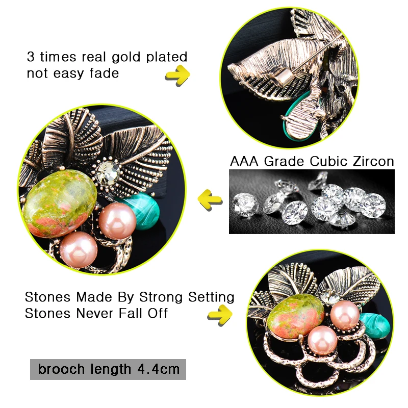 

LEEKER Luxury Oval Natural Stone Brooch Antique Gold Color Solid Leaf Pin For Women Retro Jewelry 149 K2