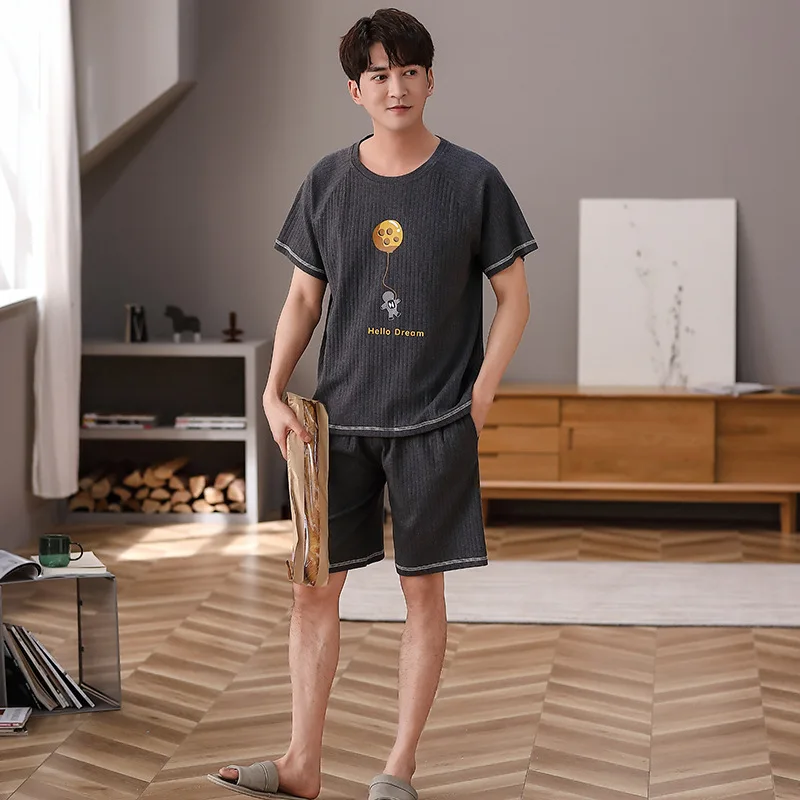

Summer Cotton Pajama Set Men Short Sleeve Shorts Pyjamasn Casual Fashion Youth Service Homewear External Wear Pajamas