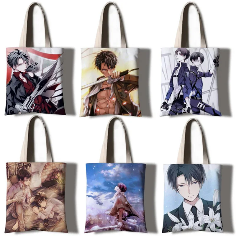

New Japan Anime Attack On Titan Captain Levi Eren Girls Women Canvas Shoulder Bags Large Handbag Cute Cartoon Shopping Bag