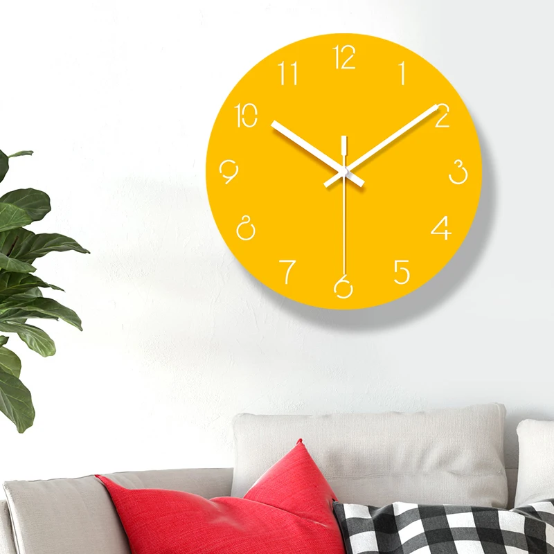 

Yellow Mute Wall Clock Quartz Acrylic Wall Clock Modern Design Living Room Gift Ideas Relojes De Pared Wall Watches DD50WC