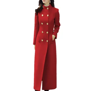 Размера плюс 3XL! Элегантное женское зимнее шерстяное длинное пальто двубортное офисное модное красное пальто с воротником-стойкой