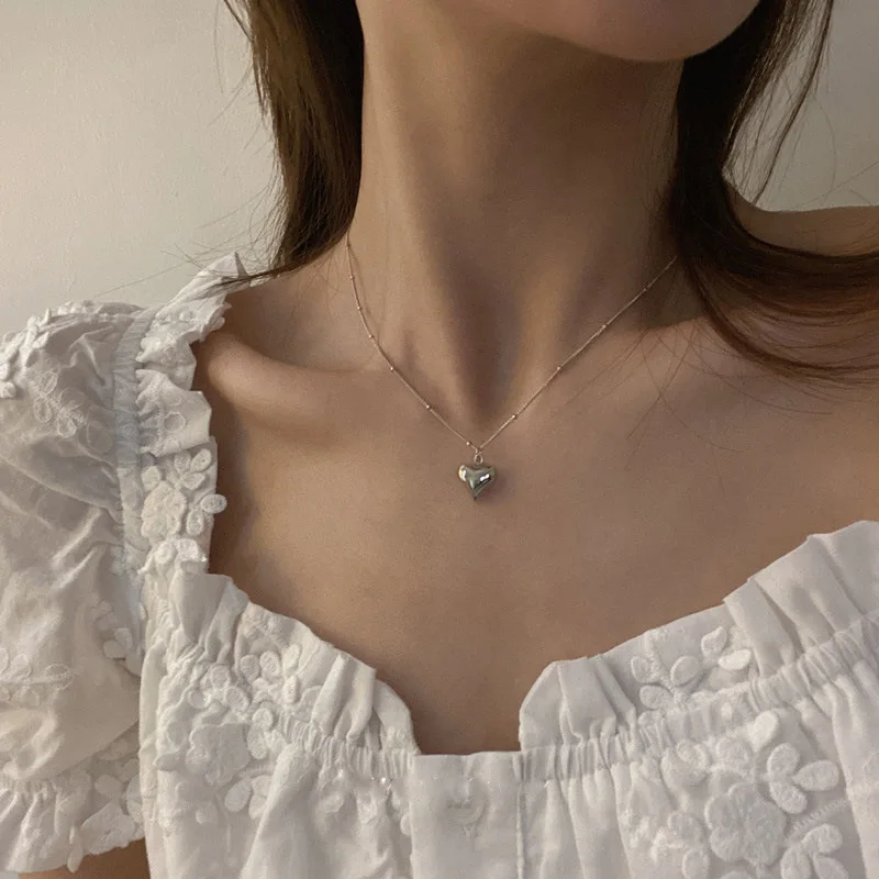 

Fairy Silver Peach Heart Pendant Clavicle Chain Necklace for Women Trendy Bead Chain Simple Choker Necklace New Korean Gift