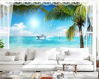 beibehang customized modern papel de parede bedroom beach sea coconut tree blue sky white cloud mediterranean wallpaper