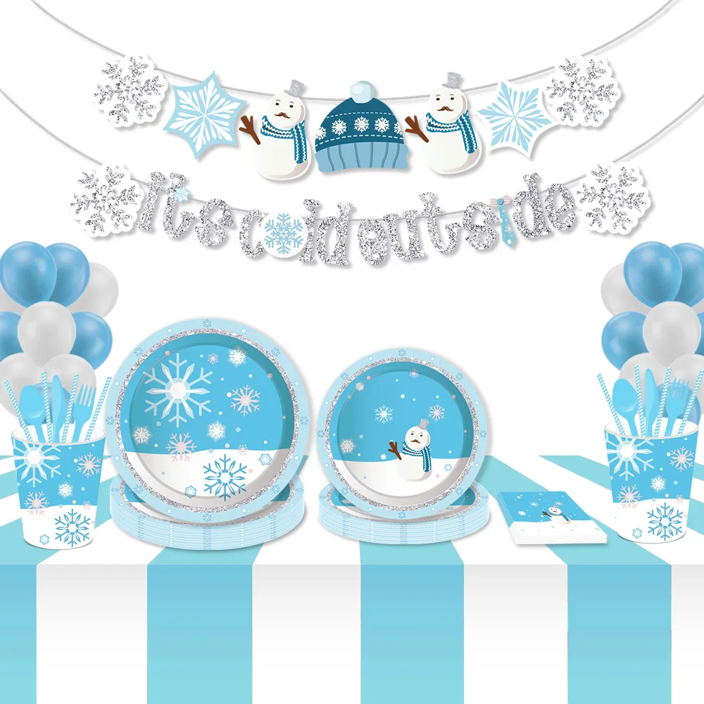 

Popular Winter Snowman Merry Christmas Xmas Party Disposable Tableware Sets Plate Banner New Year Party Cake Decorating Supplies