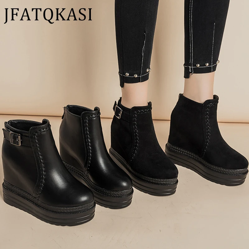 Женские ботинки на платформе кожаные женские с Круглым Верхом танкетке