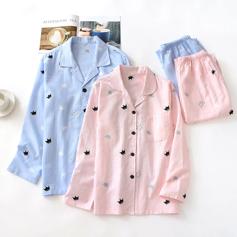 

Couple Women's Pajamas set Thin Cotton Cloth Leisure Tops Simple Crown printed Long Sleeve Long Pants Outfits loungewear women