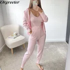 Женский трикотажный брючный костюм, кофта с цепочкой, свитер с длинным рукавом на молнии и штаны, комплект из 3 предметов