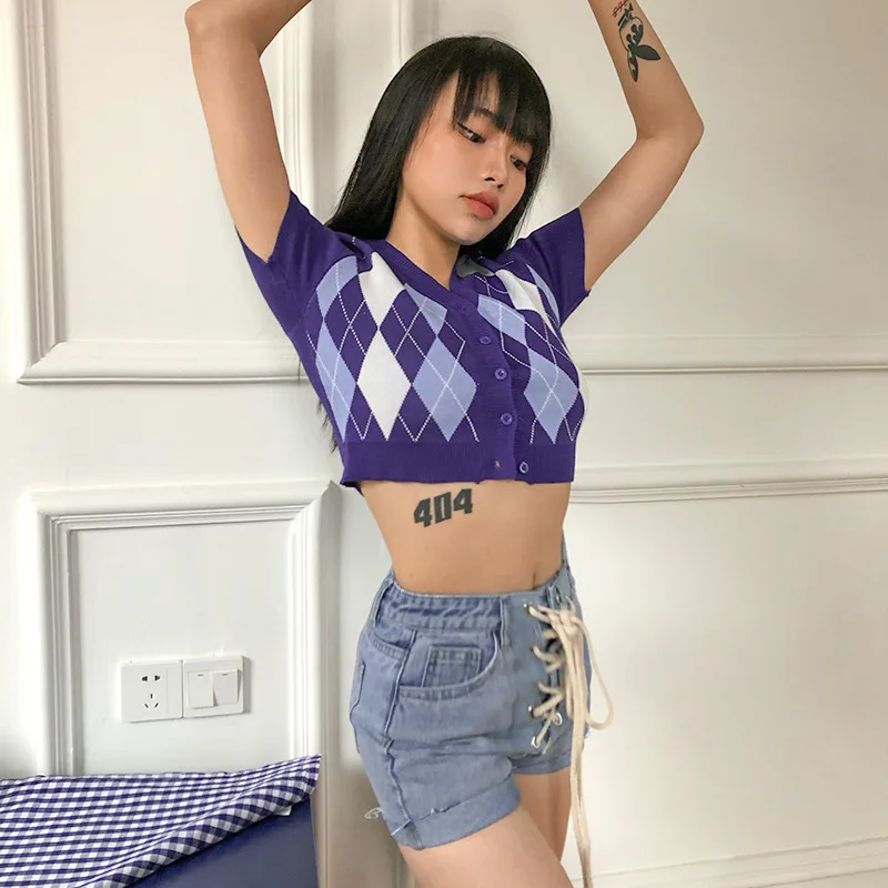 

Adora Short Sleeve Button Women Cardigan Plaid Printed Fashion Casual Spring Crop Tops Slim Women's Sweater Cardigans