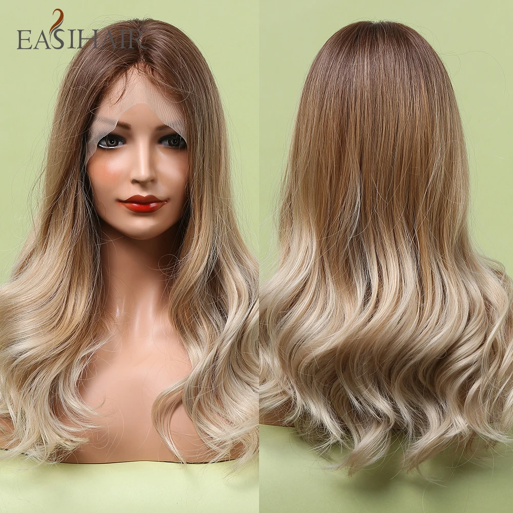 

EASIHAIR Wavy Blonde to Blonde Ombre Synthetic Lace Front Wigs for Women Medium Length Wavy Hair Heat Resistant