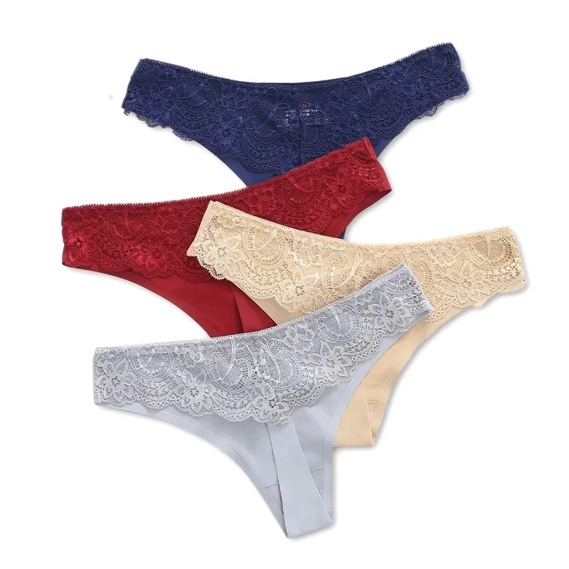 

4Pcs Nylon Soft Low-waist T-back Female Lace G-strings Comfortable Breathable Seamless Delicate Romantic Womens Sexy Thongs