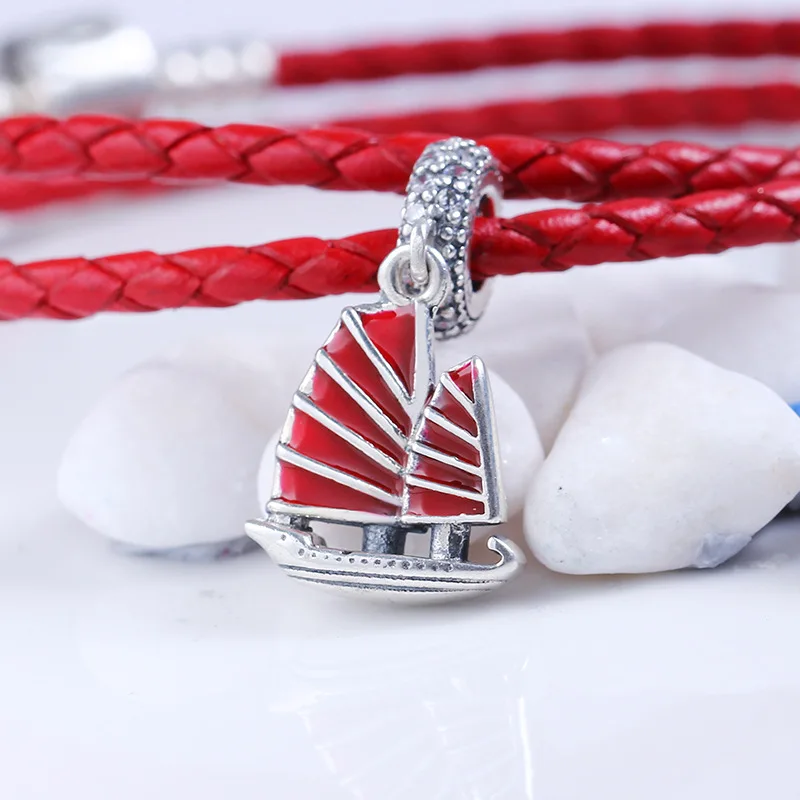 

Genuine 925 Sterling Silver Bead Charm Red Enamel Chinese Junk Ship Pendant Beads Fit pan Bracelet & Necklace Jewelry