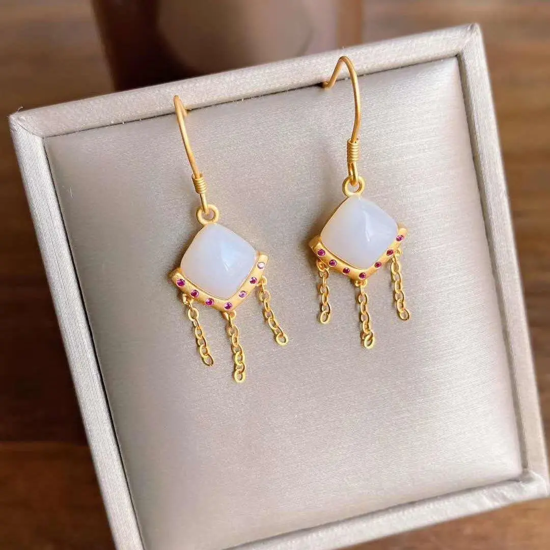 

Tassel Earrings Sterling Silver S925 Natural Hetian Jade Earrings Short Refined Grace Square Geometric Rhombus Earrings for Wome
