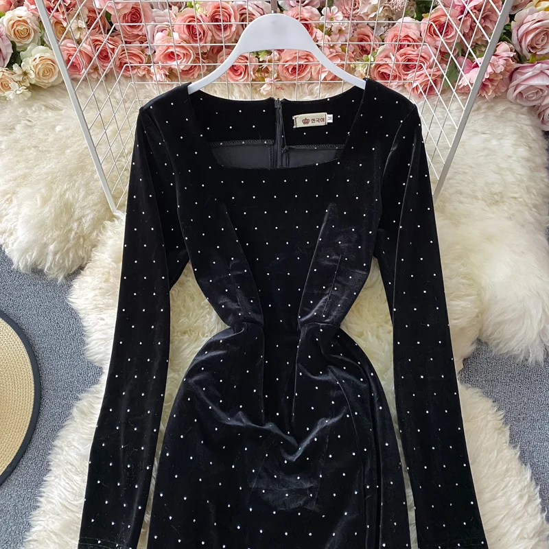 

Vintage Black Split Polka Dot Dress Women Elegant Square Collar Long Sleeve High Waist Sexy Velvet Vestidos Female New Fashion