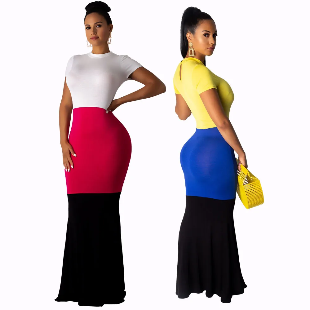 

S-XL Stitching Multicolor Round Neck Fishtail Skirt Dress Generous Commute