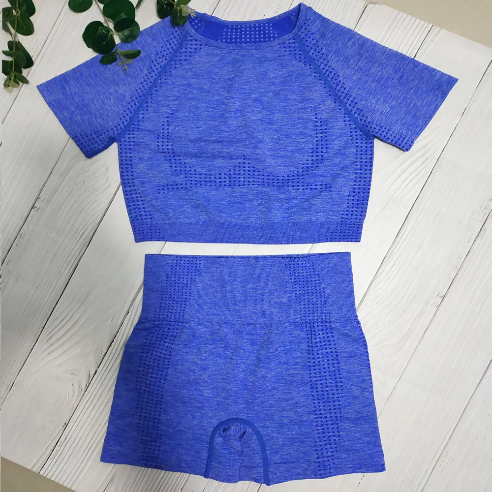 

Seamless Women Short Sleeve Yoga Set Vital Sport Suit Gym Clothing Fitness Crop Top Shirt High Waist Shorts Sportswear